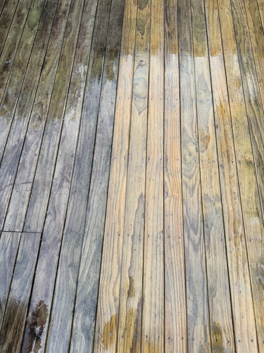 Before and after deck restoration, weathered grey timber returned to natural wood tone