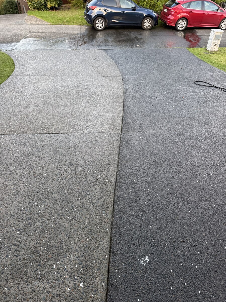 Before and after driveway cleaning, concrete lifted from grey to like-new