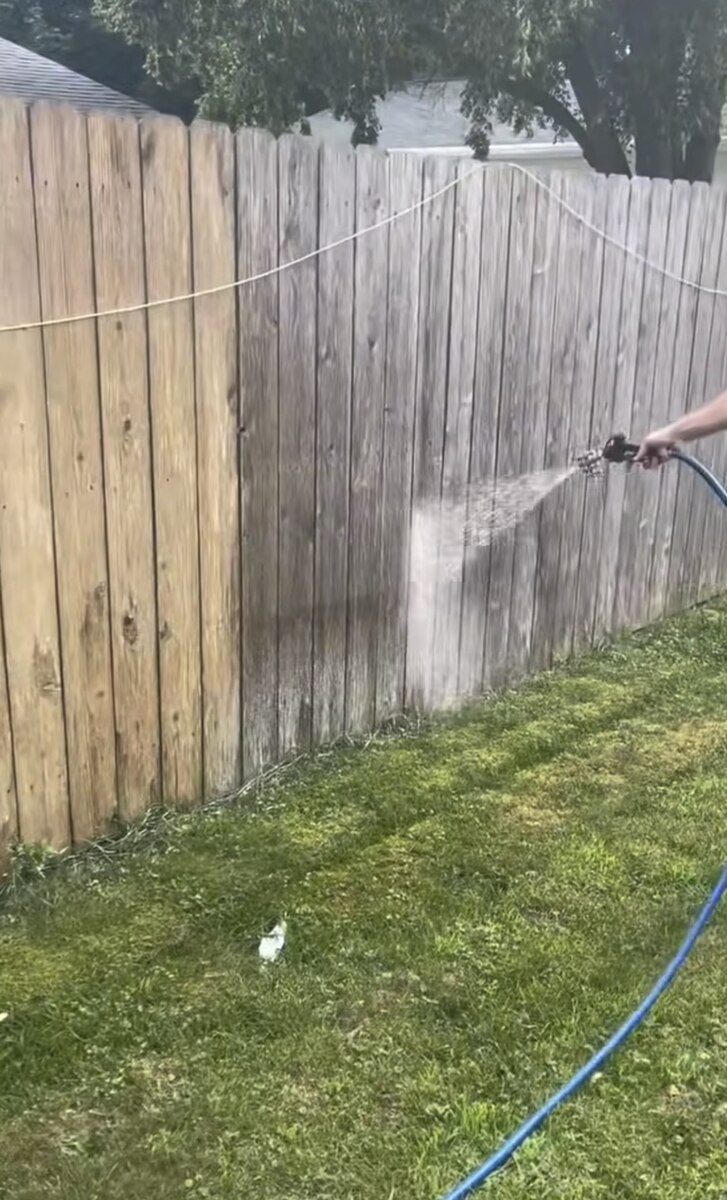 Before and after fence restoration, weathered grey timber fence washed back to natural colour