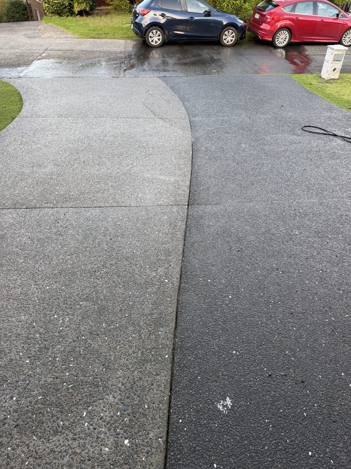 Before and after driveway cleaning, half the concrete lifted back to like-new
